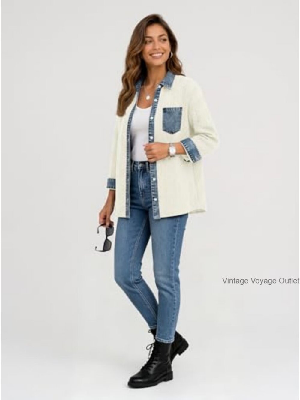 Women's Cable Knit Shacket Denim Patchwork Casual Jacket - Picture 5 of 5